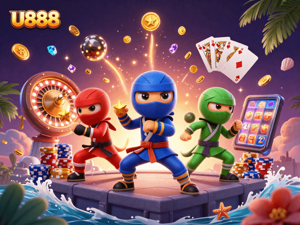 U888 features a vibrant 3D ninja chameleon trio amid casino elements, showcasing dynamic gambling action.