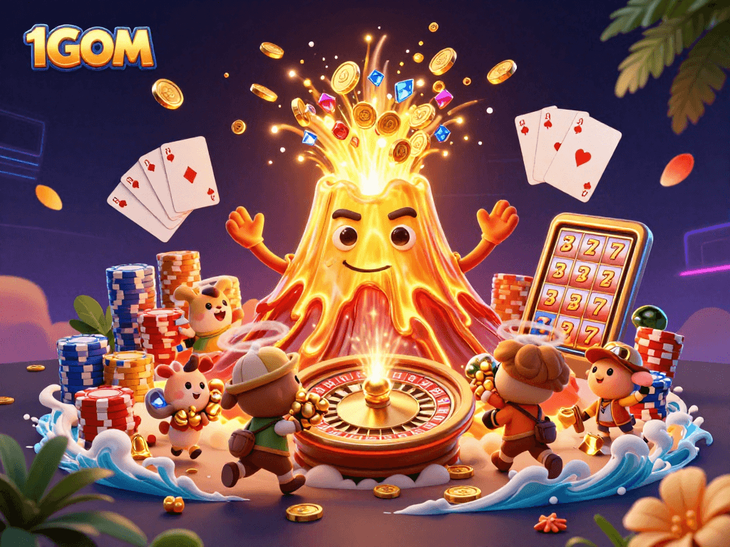 Engage in thrilling wins at 1GOM with our vibrant, treasure-filled casino illustration!