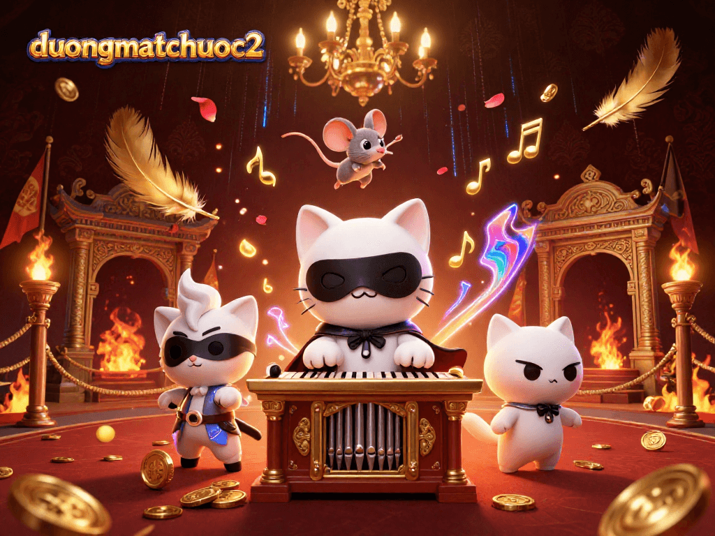 Engage in duongmatchuoc2 with a cat maestro at a vibrant casino, amidst floating gold coins and stunning visuals.