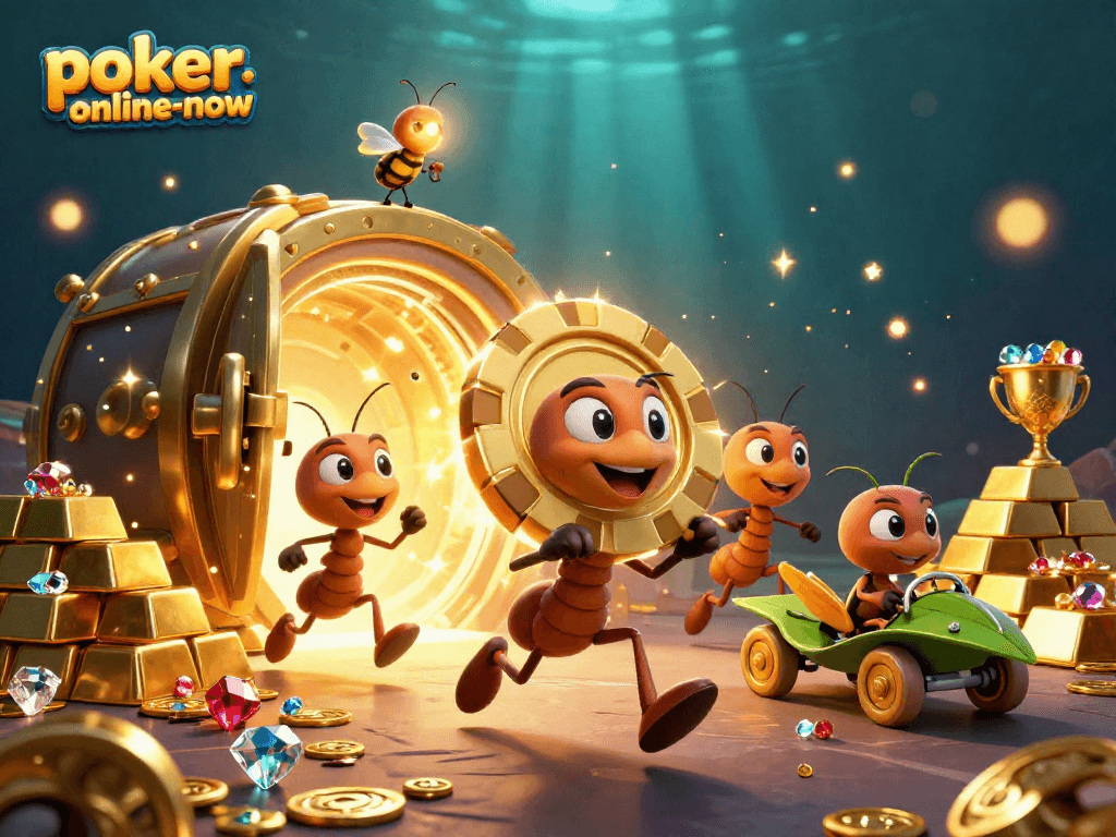 Engage with poker-online-now's exciting heist scene featuring ants and gold poker chips in a vibrant 3D illustration.