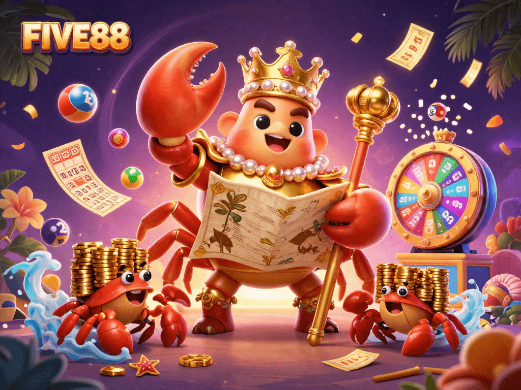 Experience thrilling fun at FIVE88 with a golden crab emperor and vibrant lottery elements.