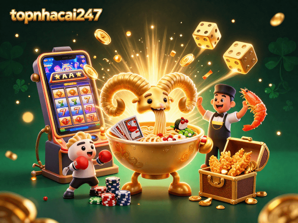 Experience the thrill of topnhacai247 with our vibrant 3D casino illustration showcasing colorful games and lively characters.