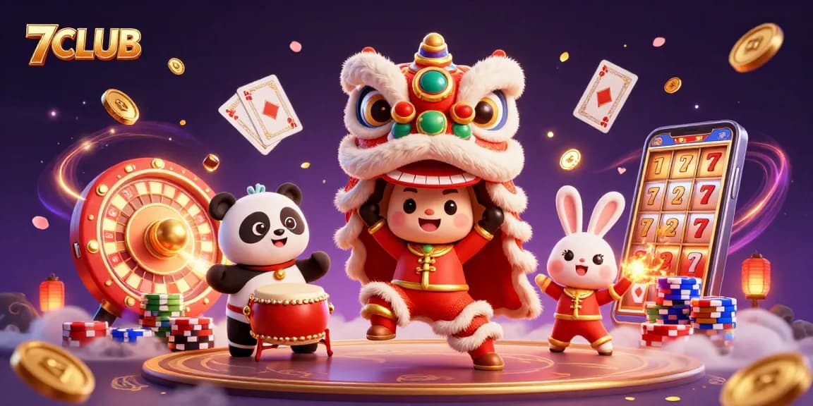 Experience the thrill of winning at 7CLUB with vibrant casino elements and charming characters, feeling alive with every spin.
