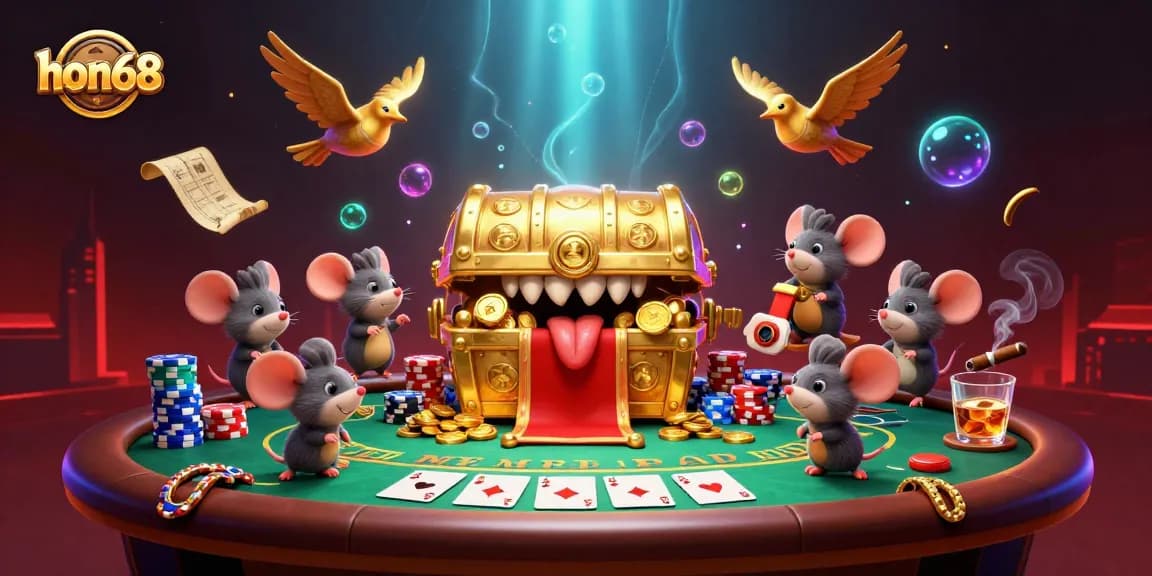 Experience thrilling excitement with hon68 as mice seek riches from a treasure chest in a vibrant casino scene.