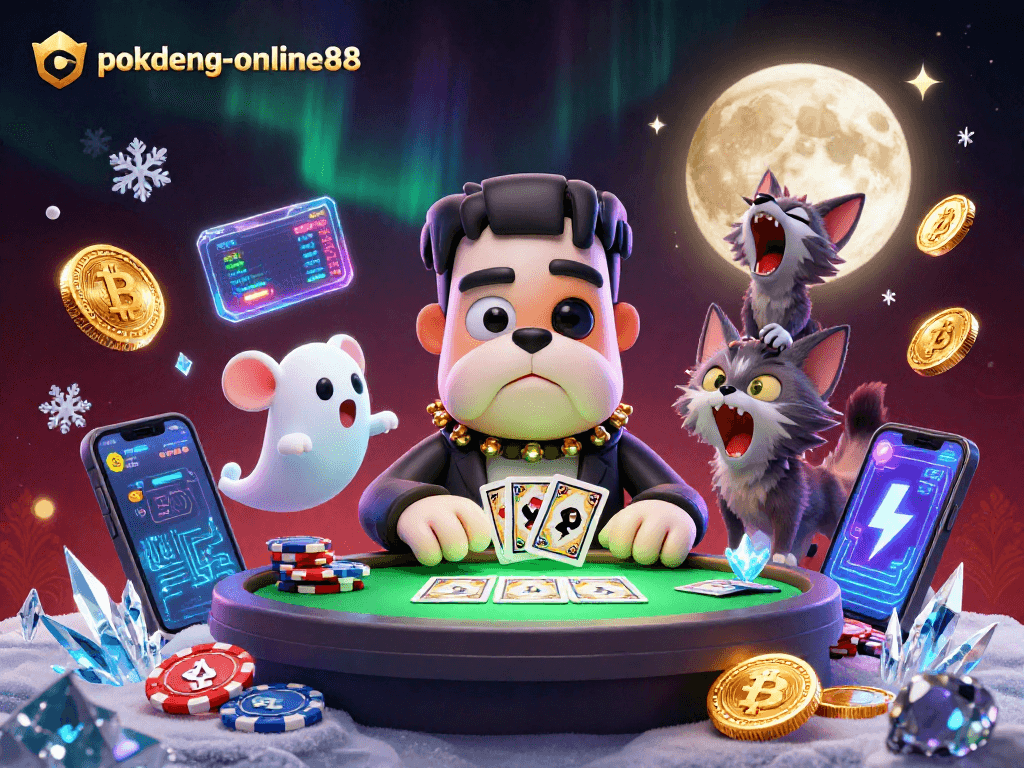 Engage in thrilling gameplay at pokdeng-online88 with a unique 3D illustration of a bulldog dealer and crypto elements.
