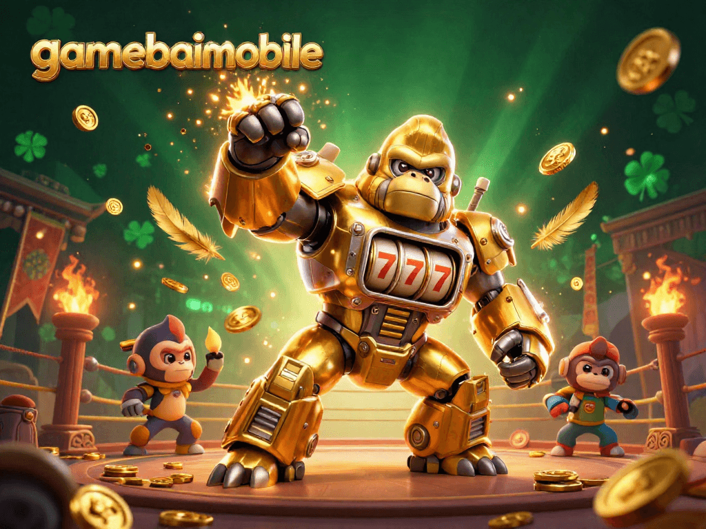 Experience excitement with gamebaimobile's golden gorilla mech and dynamic casino elements
