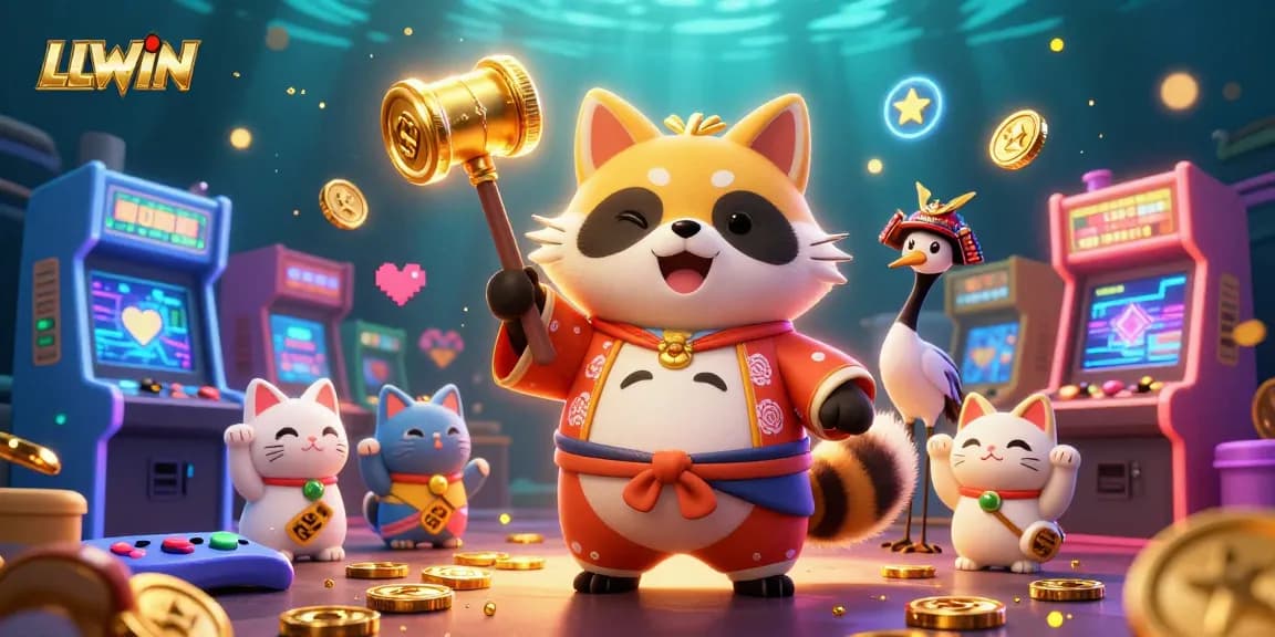 Spin and win at LLWIN with a joyful tanuki and colorful game elements in a vibrant casino scene.