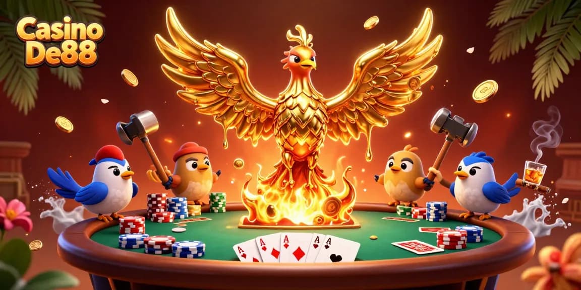 Experience the vibrant action at Casino De88 with golden phoenix and poker elements.