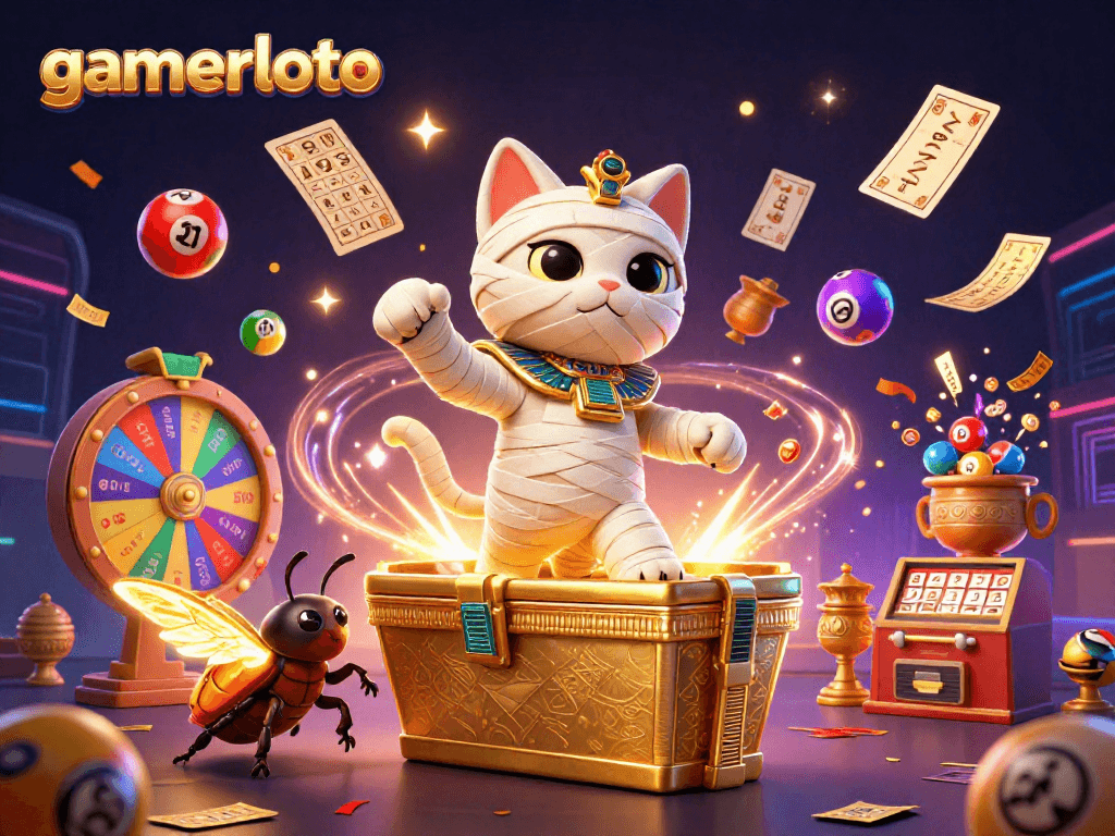 Experience gamerloto's exciting lottery scene with a mummy cat and vibrant casino elements.