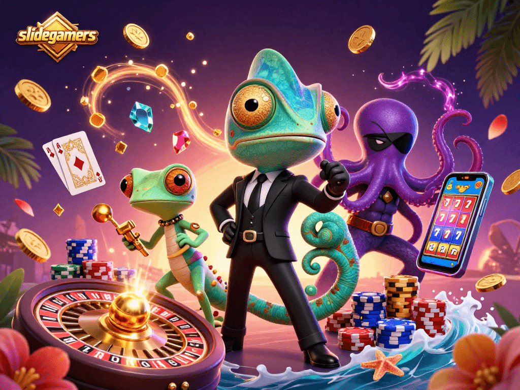 Experience thrilling gameplay with slidegamers as characters take center stage in a vibrant casino illustration.