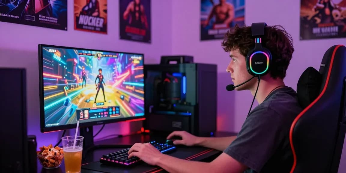 Engaged gamer experiencing thrilling porn games in a vibrant gaming setup with immersive graphics