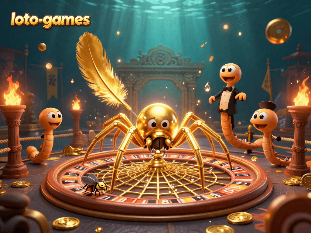 Experience thrilling bets at loto-games with a golden spider and centipede in a vibrant casino scene.
