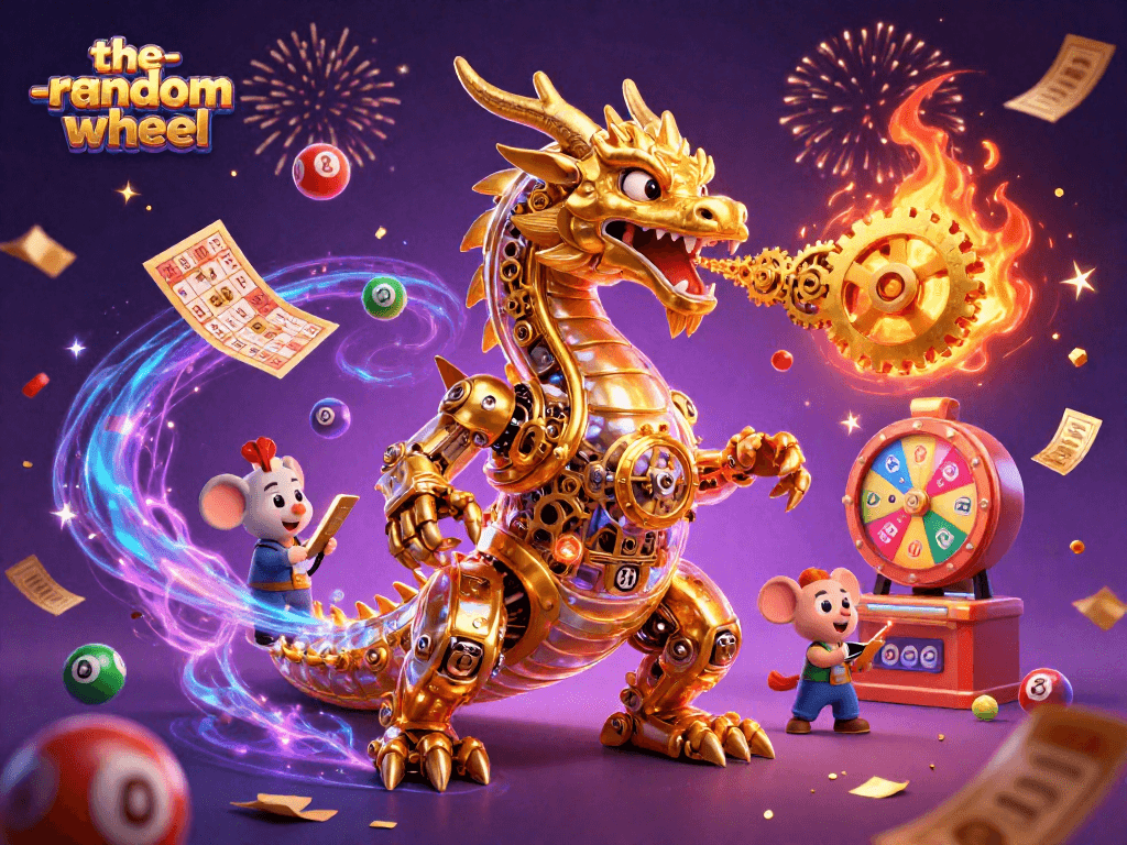 The-random-wheel celebrates exciting gameplay with a golden dragon and colorful lottery elements in a vibrant casino scene.
