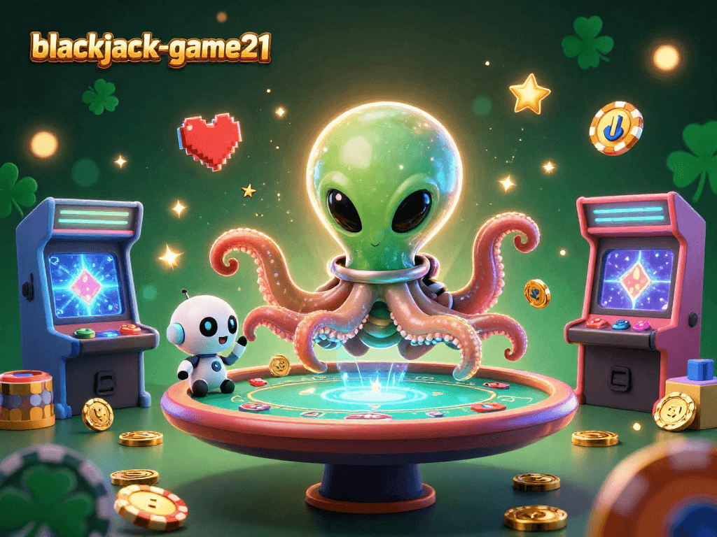 Play blackjack-game21 with an alien octopus at a holographic poker table amidst vibrant casino elements.