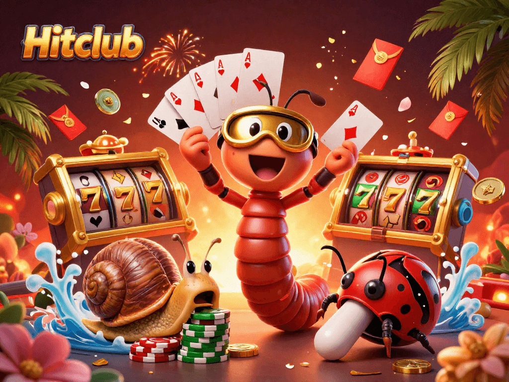 Engage in thrilling gameplay at Hitclub with a dynamic scene featuring a 3D dealer, excited characters, and vibrant slot elements.