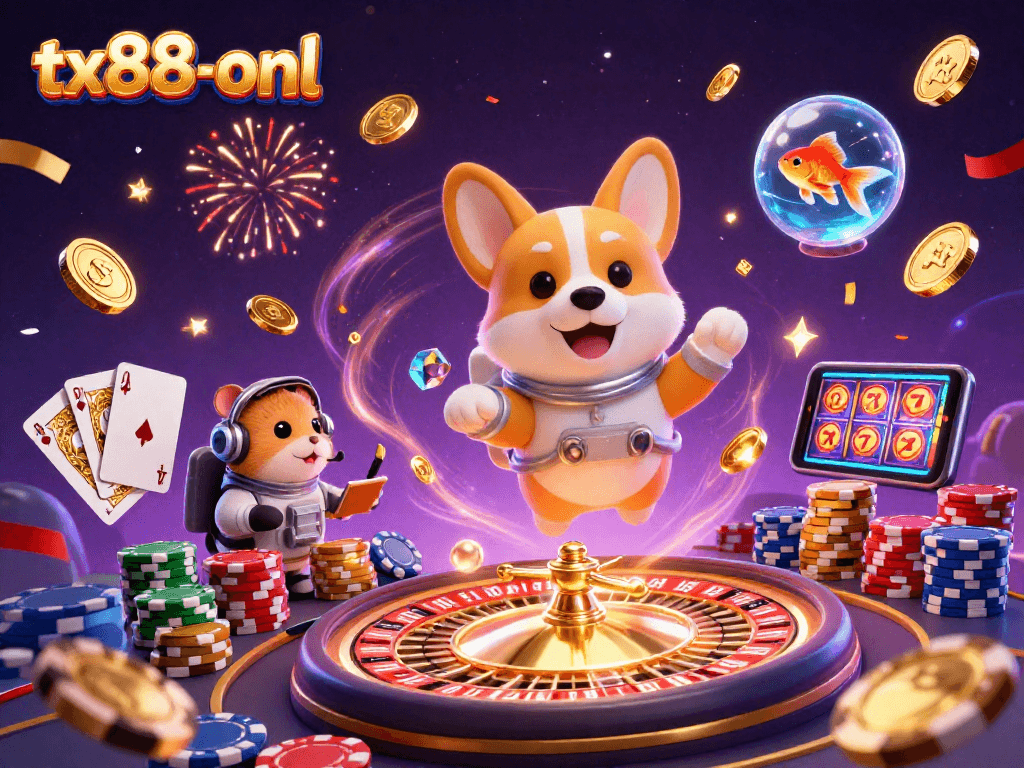 Experience the thrill of tx88-onl with this dynamic 3D casino illustration of a corgi astronaut.