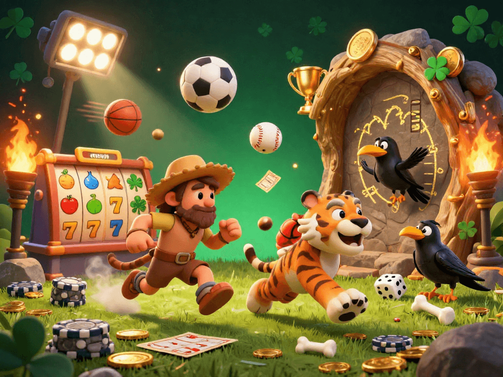 Caytailoc immerses in thrilling jackpot excitement with the dynamic prehistoric casino scene, featuring vibrant characters and lively elements.