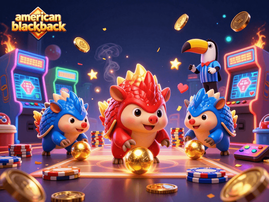 Play american-blackjack with stylized pangolins in a dynamic casino-inspired scene, featuring colorful game elements.