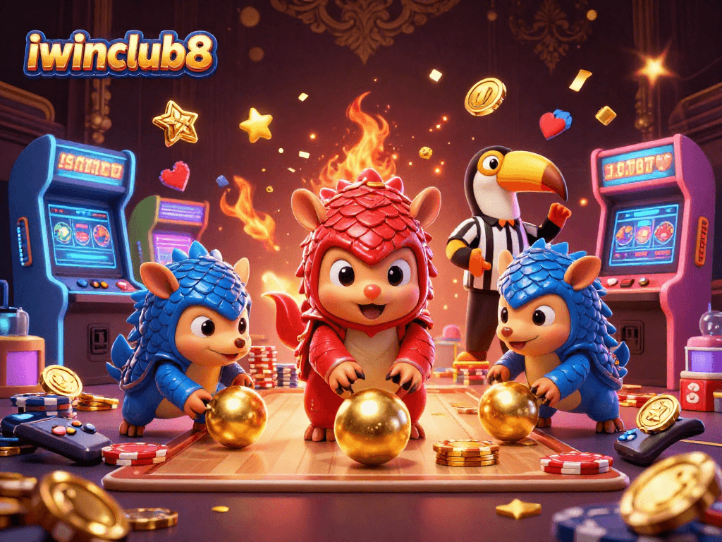 iwinclub8 features rival pangolins competing in a vibrant casino atmosphere with poker chips and arcade machines.
