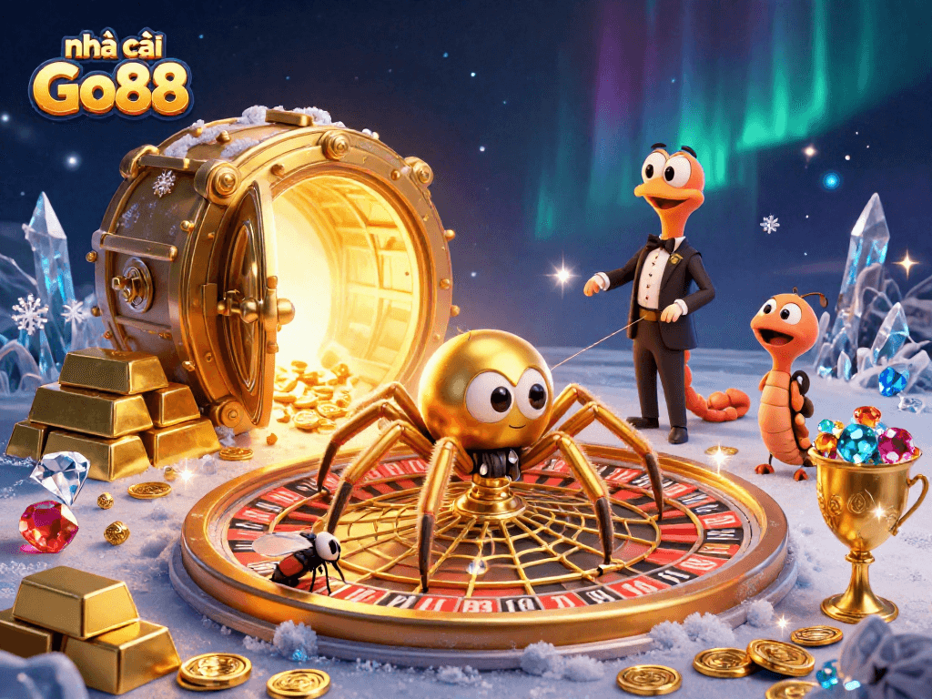 nhà cái Go88 showcases a thrilling scene with a golden spider and centipede croupier spinning bets in an engaging casino setup.
