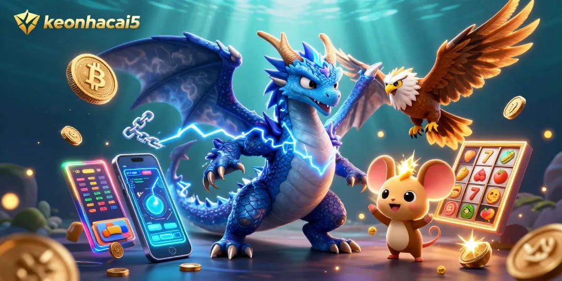 Engage with keonhacai5 in a thrilling undersea casino adventure featuring vibrant dragons and glowing symbols.