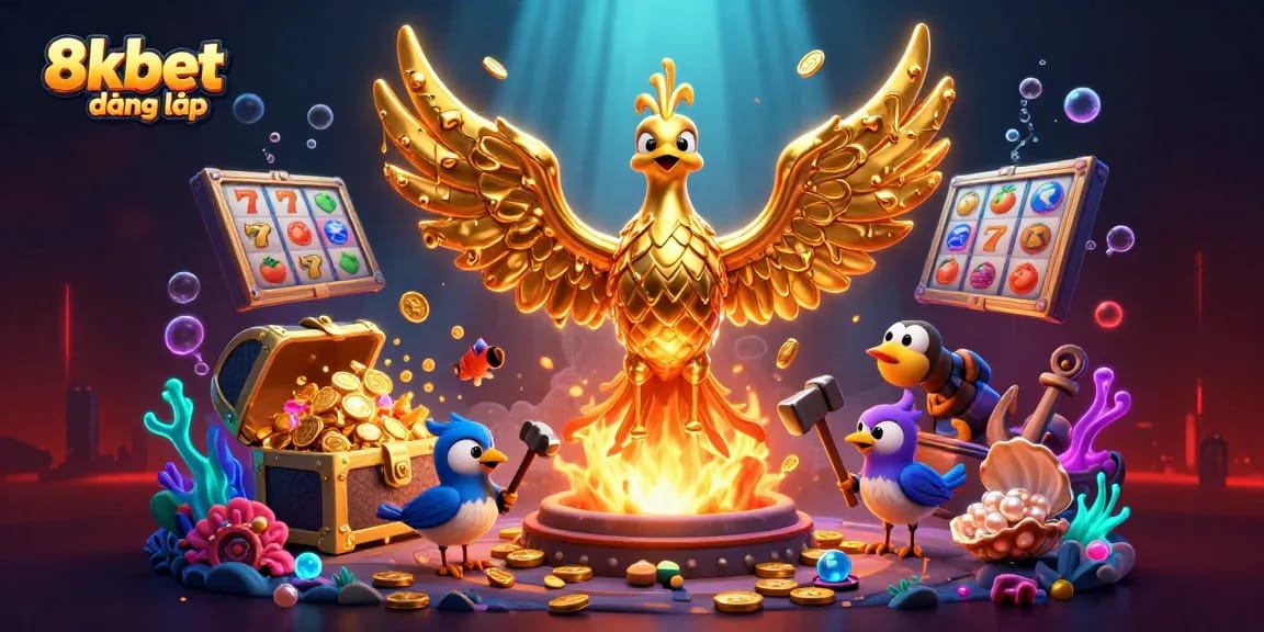 Experience exciting 8xbet đăng nhập with a vibrant golden phoenix and dynamic casino game elements.