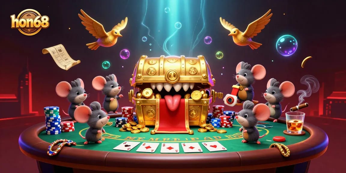 Experience thrilling excitement with hon68 as mice seek riches from a treasure chest in a vibrant casino scene.