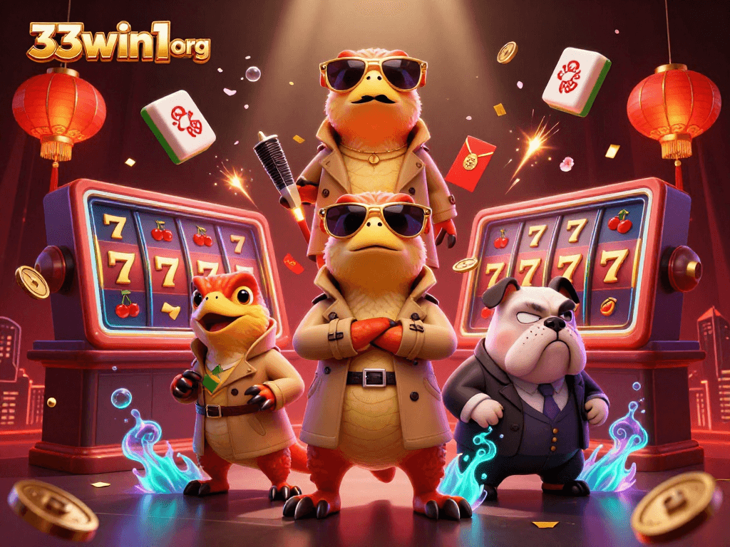 Experience high-stakes action at 33win1 org with raptors and a bouncer in a vibrant casino