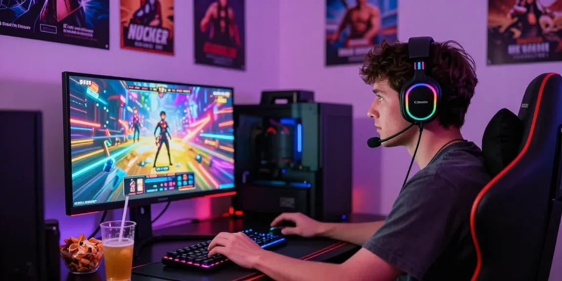 Engaged gamer experiencing thrilling porn games in a vibrant gaming setup with immersive graphics