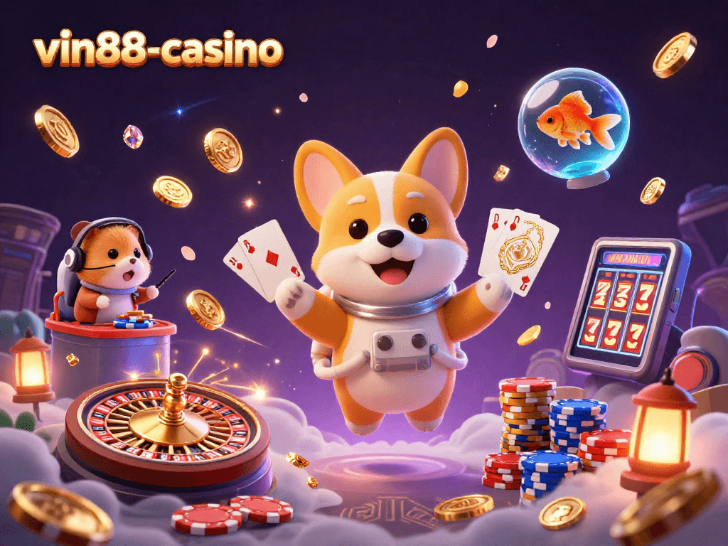 Experience thrilling adventures at vin88-casino with an astronaut corgi floating amidst vibrant casino elements.