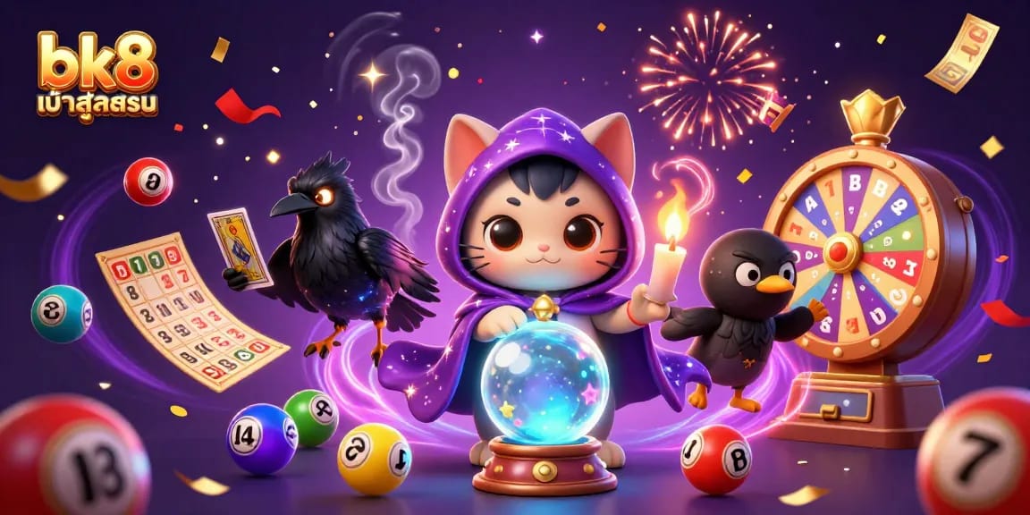 Engage with bk8 เข้าสู่ระบบ as a fortune teller cat reveals secrets among vibrant lottery elements.