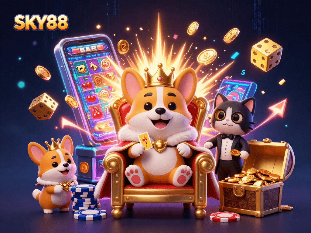 Experience thrilling wins at SKY88 with our royal corgi commanding a vibrant casino scene.