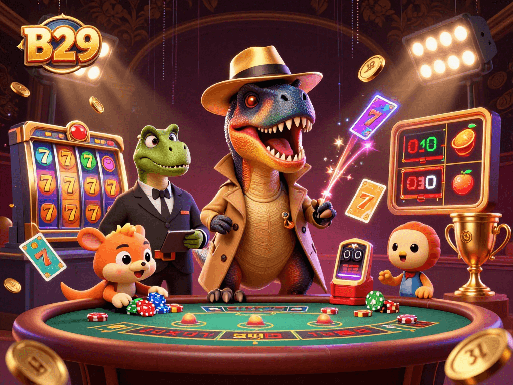 B29 offers thrilling gaming at a blackjack table, featuring unique cartoon characters and dynamic slot elements.