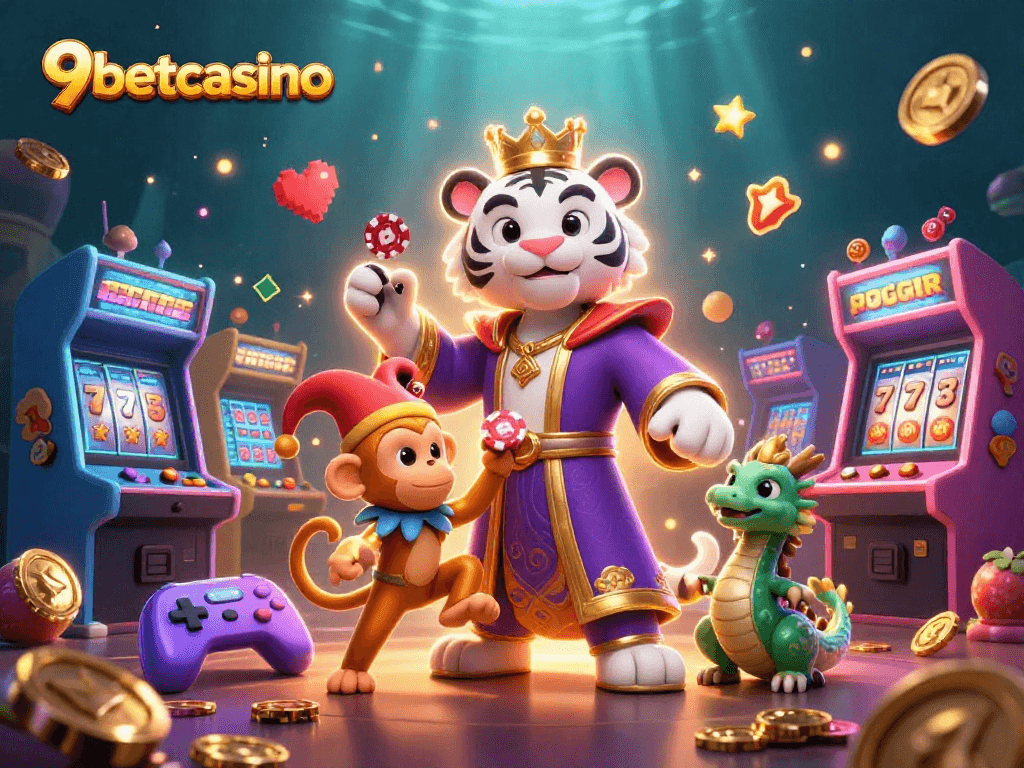 Experience the excitement of 9betcasino with a vibrant scene featuring a royal tiger and jester monkey.