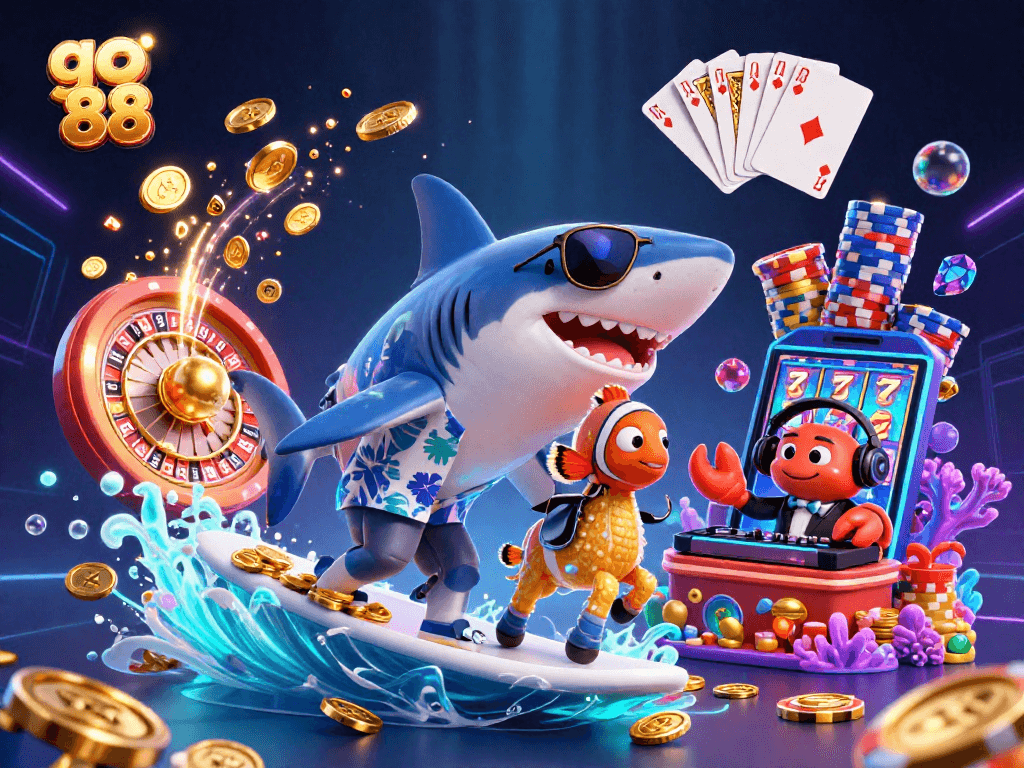 Engage with go 88 gaming world with a vibrant 3D scene featuring a shark and clownfish among casino elements.