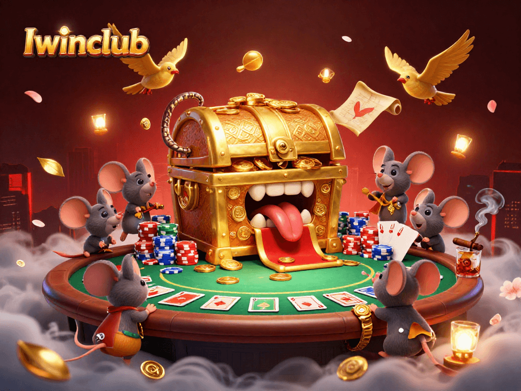 Iwinclub enhances excitement as adventurer mice approach a treasure chest in a dynamic casino scene.