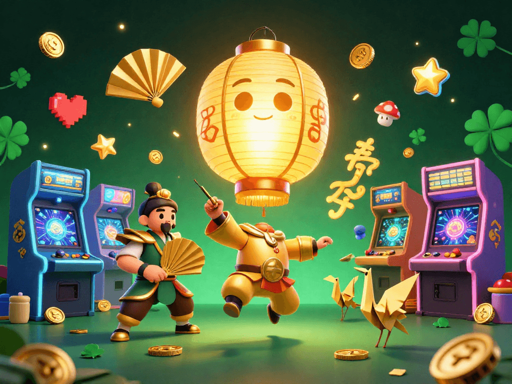 gamethuongnohu engages players with a vibrant 3D scene of a golden lantern spirit at a casino night market
