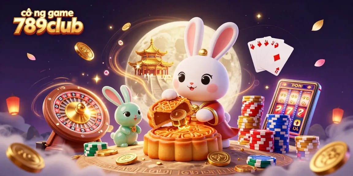 Experience the excitement of cổng game 789club with a whimsical casino scene featuring a moon rabbit character.