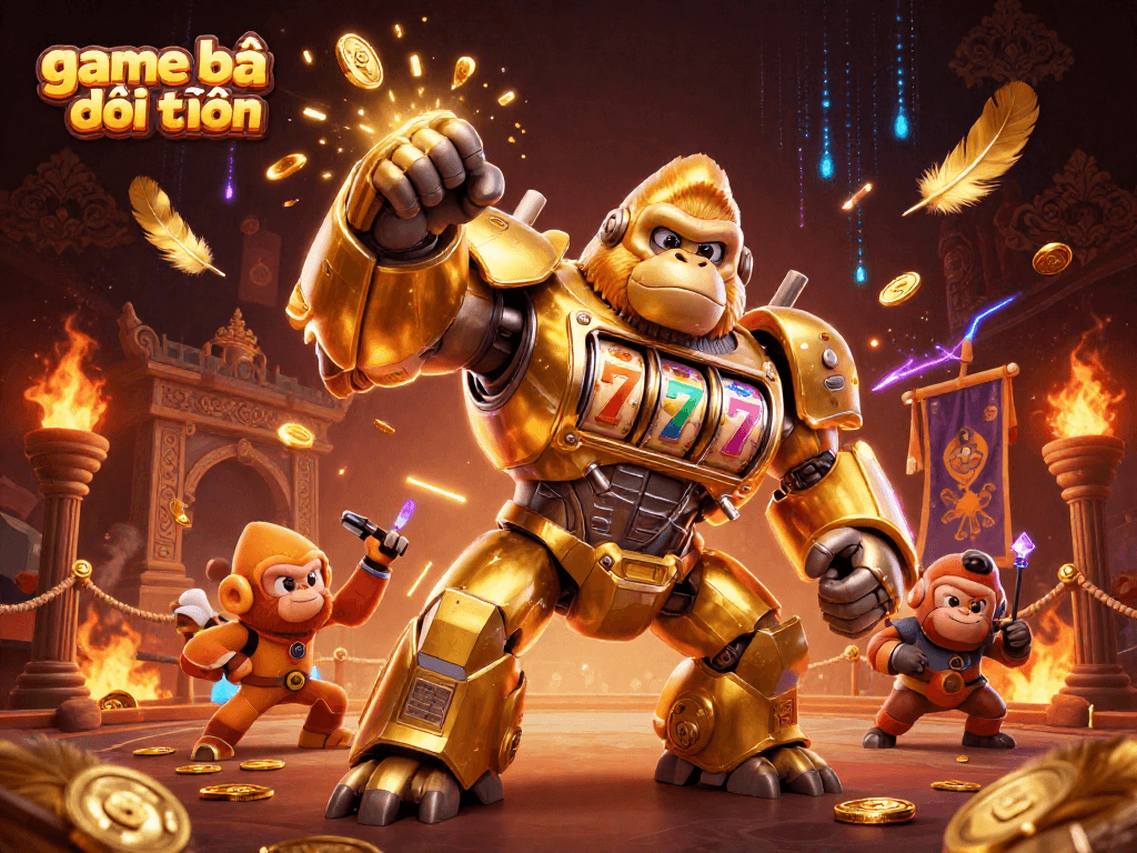 Engage with game bài đổi thưởng featuring a golden gorilla mech triumphantly punching coins in a vibrant casino scene.