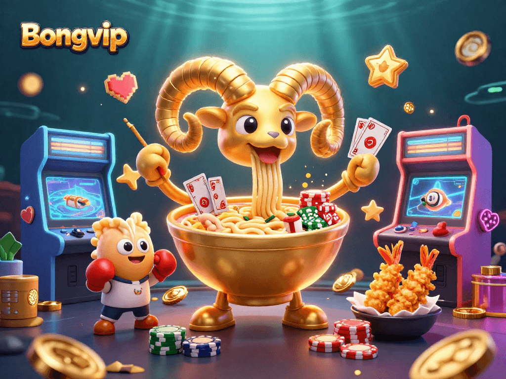 Bongvip engages players with vibrant 3D casino characters and arcade game elements in a lively scene.