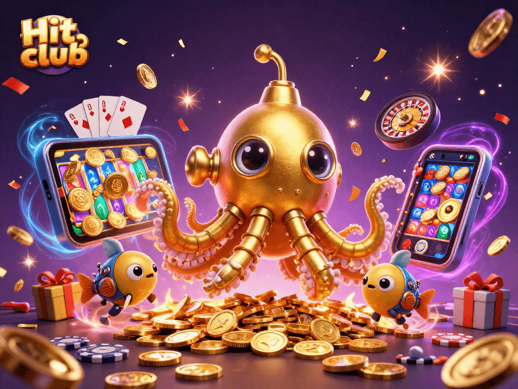 Hit club showcases excitement with a vibrant illustration of a golden kraken and slot game action.