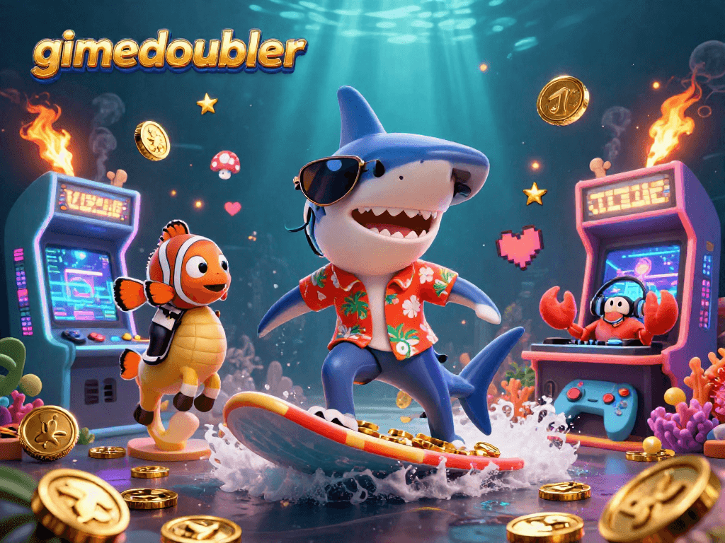 gamedoubler brings to life a vibrant underwater scene with fun characters enjoying games and golden coins.