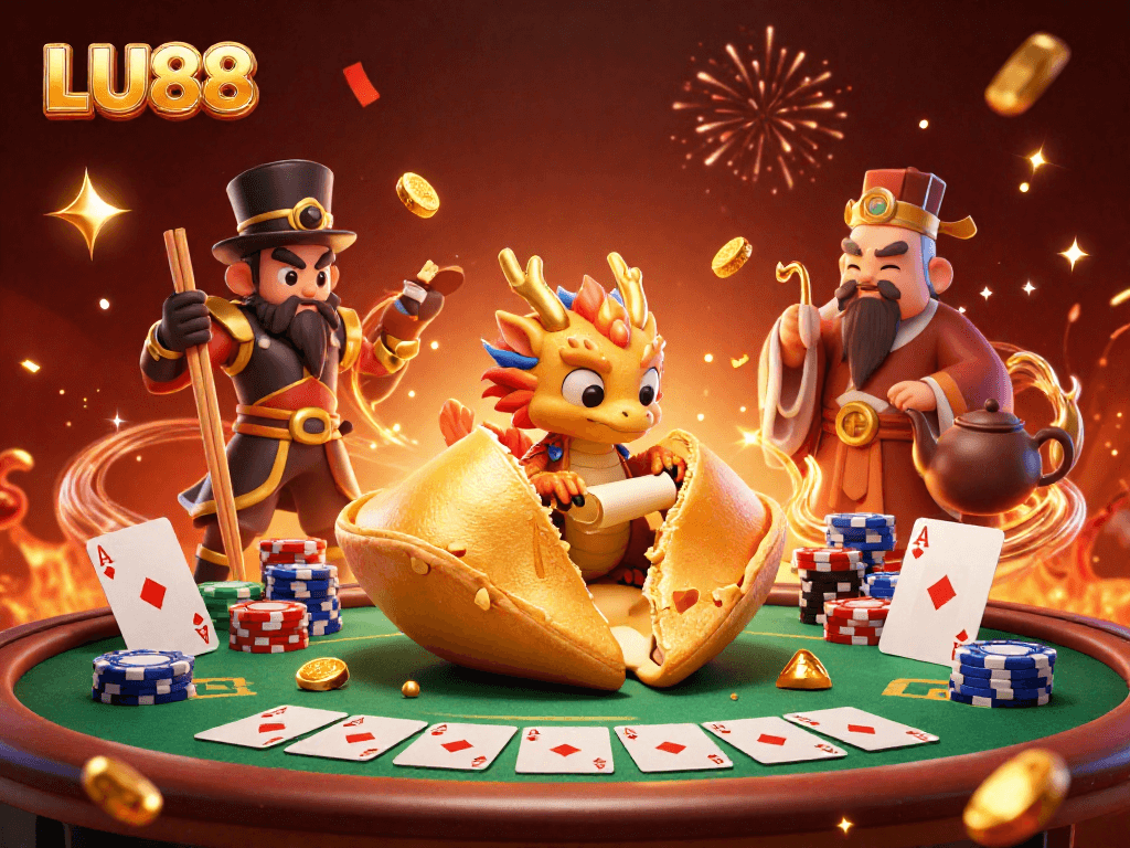 LU88 casino experience with charming characters exploring fortune cookies and poker.