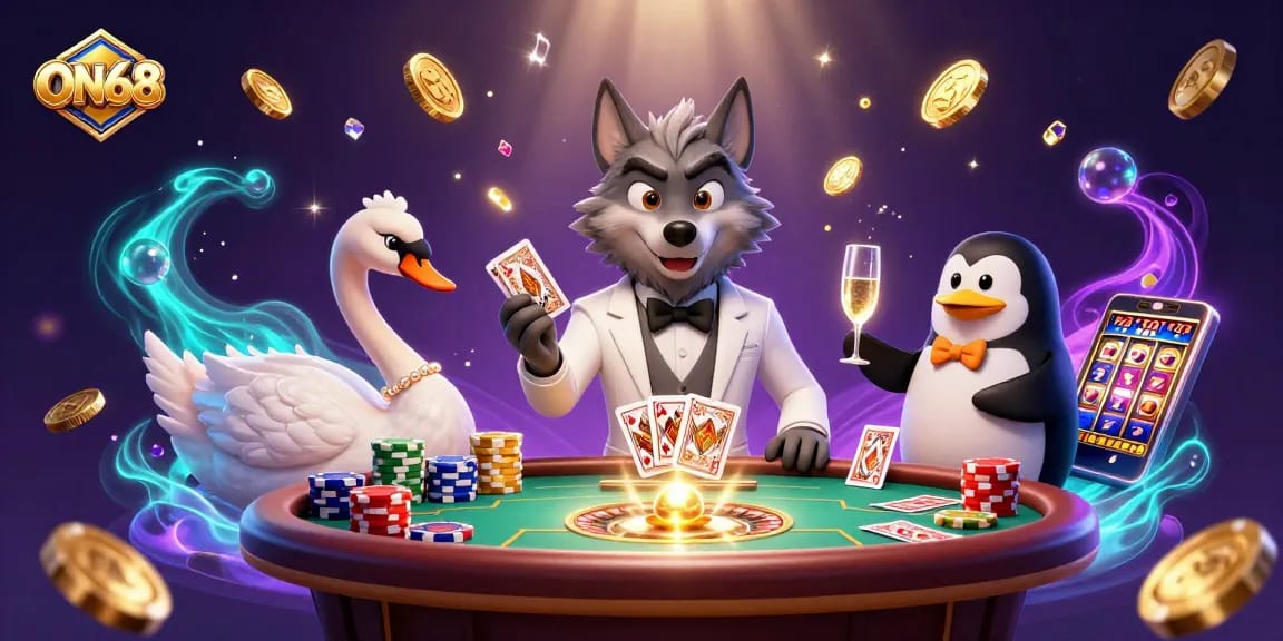 ON68 promotes exciting gambling action with animated characters and vibrant casino elements.