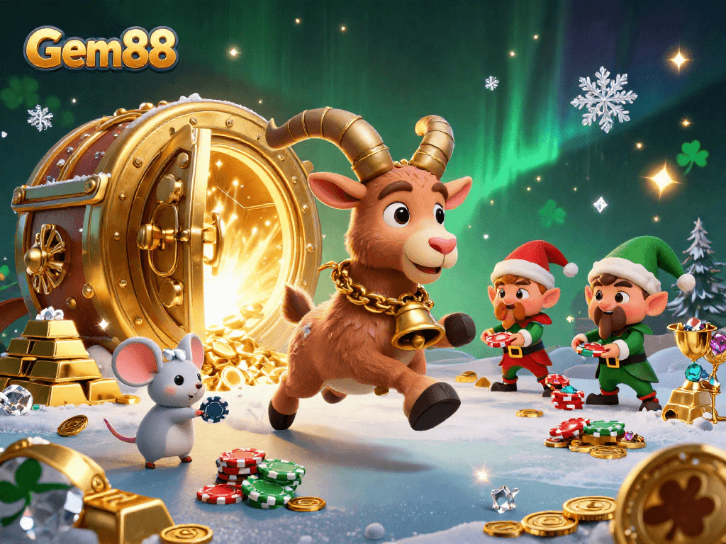 Gem88 showcases its holiday-horror casino, featuring Krampus, angel mouse, and gremlins stealing chips.