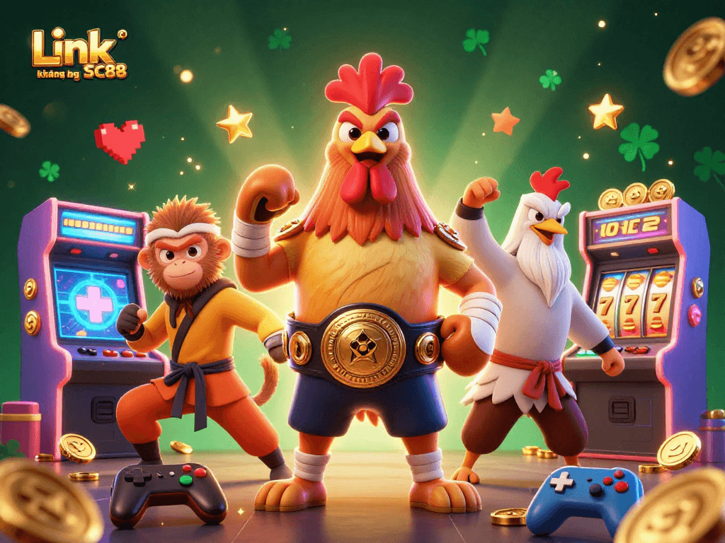Experience thrilling gaming action with Link SC88 không bị chặn featuring captivating 3D characters in a vibrant casino setting.