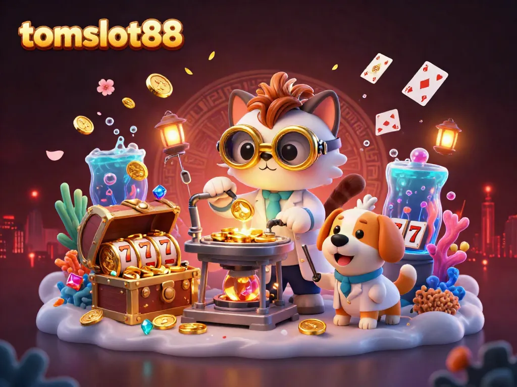 Experience thrilling jackpots with tomslot88 in an ultra-detailed 3D casino scene full of action and excitement.