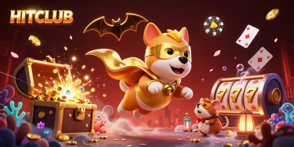 Experience HITCLUB's thrilling gaming adventures with a cartoon superhero dog and exciting casino elements.