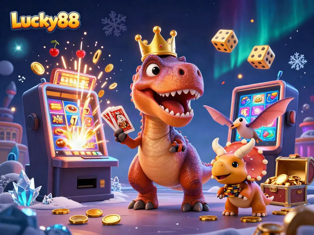Experience the thrill of Lucky88 with a playful dinosaur-themed casino scene filled with vibrant game elements.