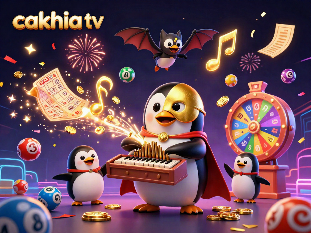 Engage with cakhia tv through a vibrant scene of a cartoon penguin at a casino, showcasing winning lottery excitement.